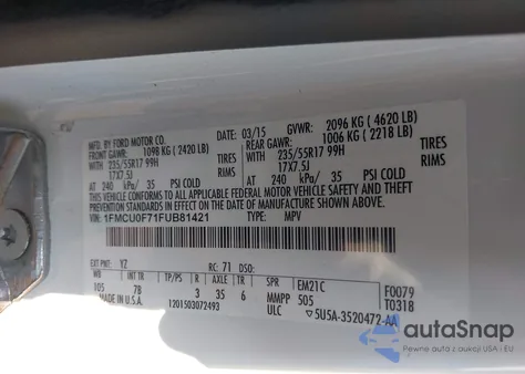 2015 Ford Escape S z USA, uszkodzony, nr VIN 1FMCU0F71FUB81421